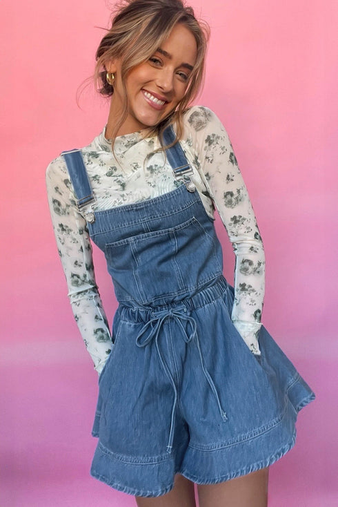 Buckle Strap Backless Drawstring Flared Denim Romper